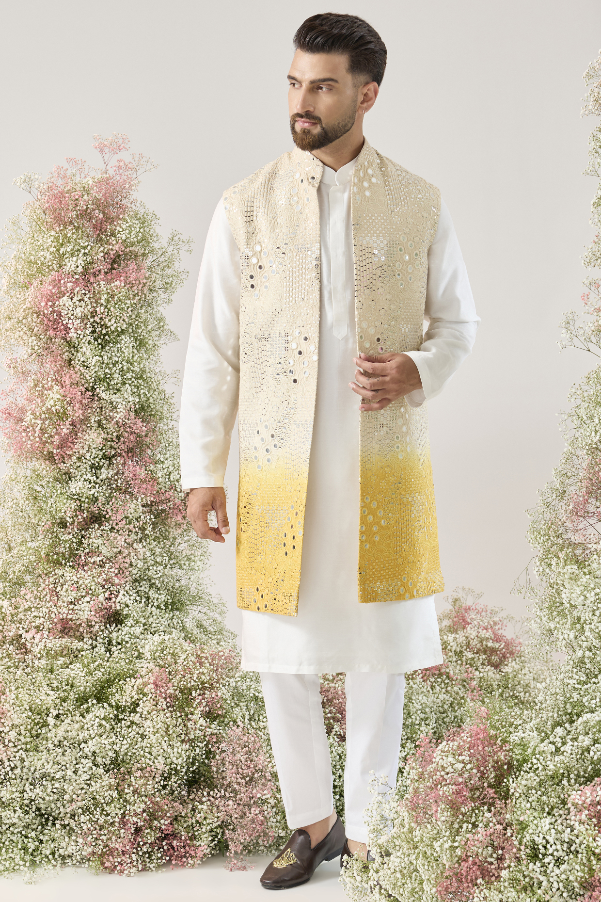 Cream-Yellow Ombre Silk Sequin Embellished Long Open Jacket by Kasbah Clothing