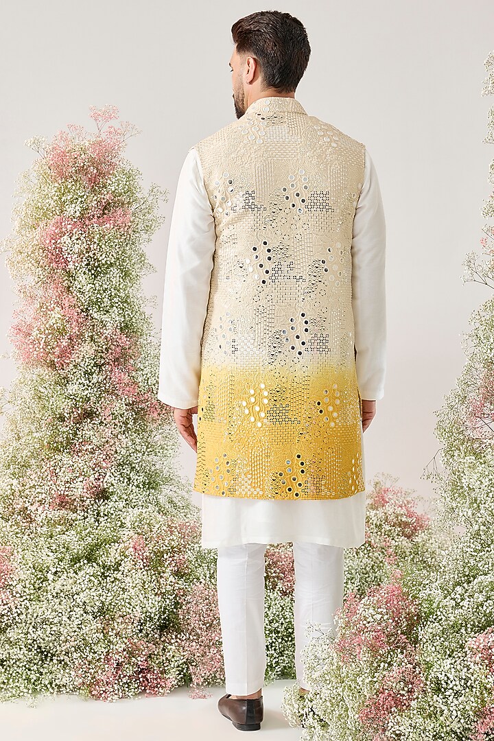 Cream-Yellow Ombre Silk Sequin Embellished Long Open Jacket by Kasbah Clothing at Pernia's Pop Up Shop