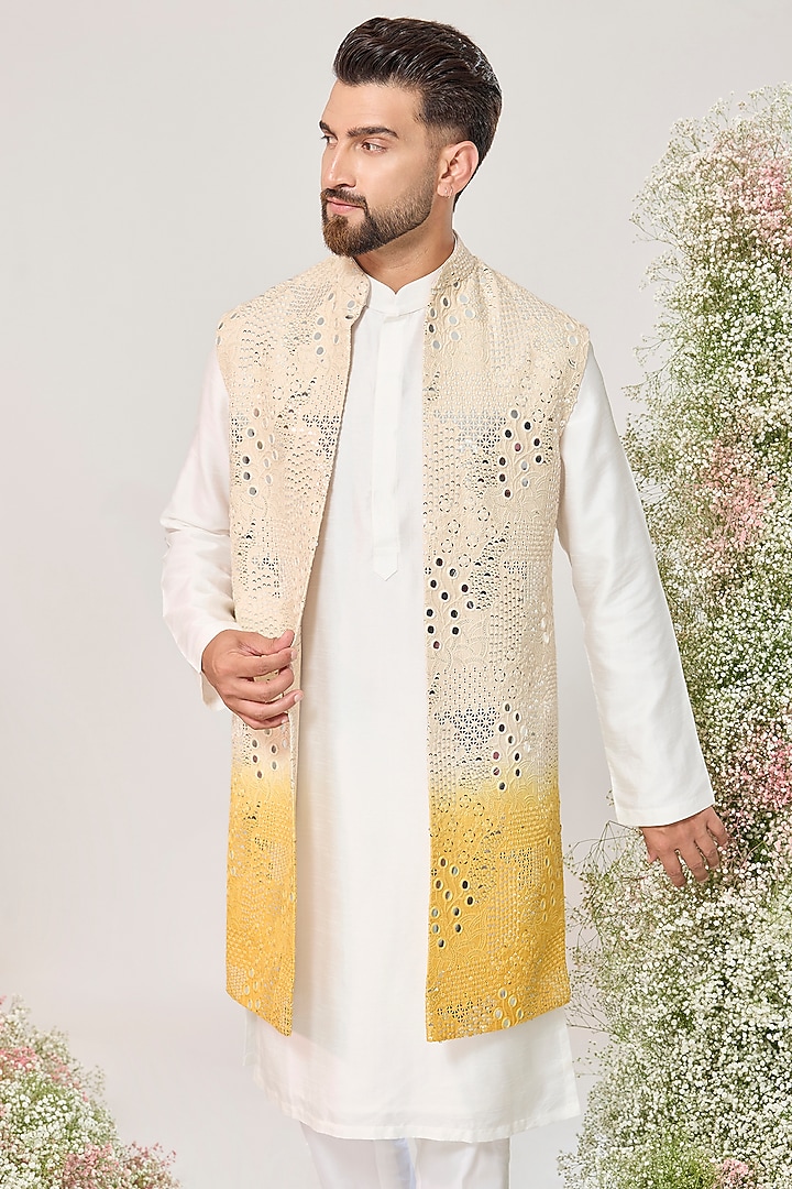 Cream-Yellow Ombre Silk Sequin Embellished Long Open Jacket by Kasbah Clothing at Pernia's Pop Up Shop