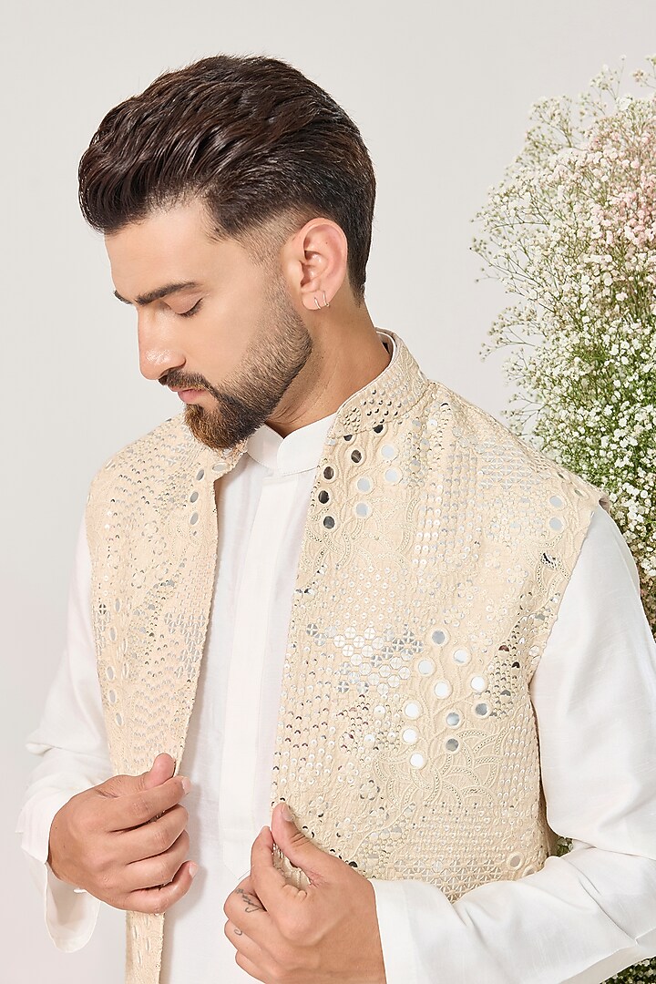 Cream-Yellow Ombre Silk Sequin Embellished Long Open Jacket by Kasbah Clothing at Pernia's Pop Up Shop
