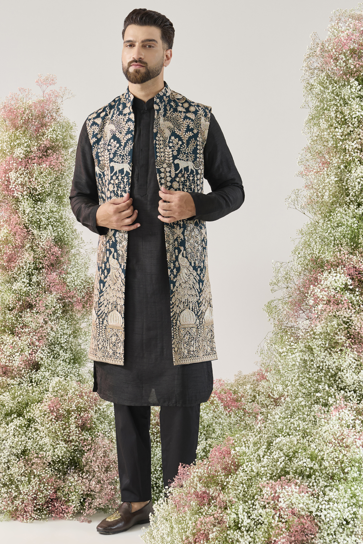 Teal Georgette Sequins Work Long Open Jacket by Kasbah Clothing