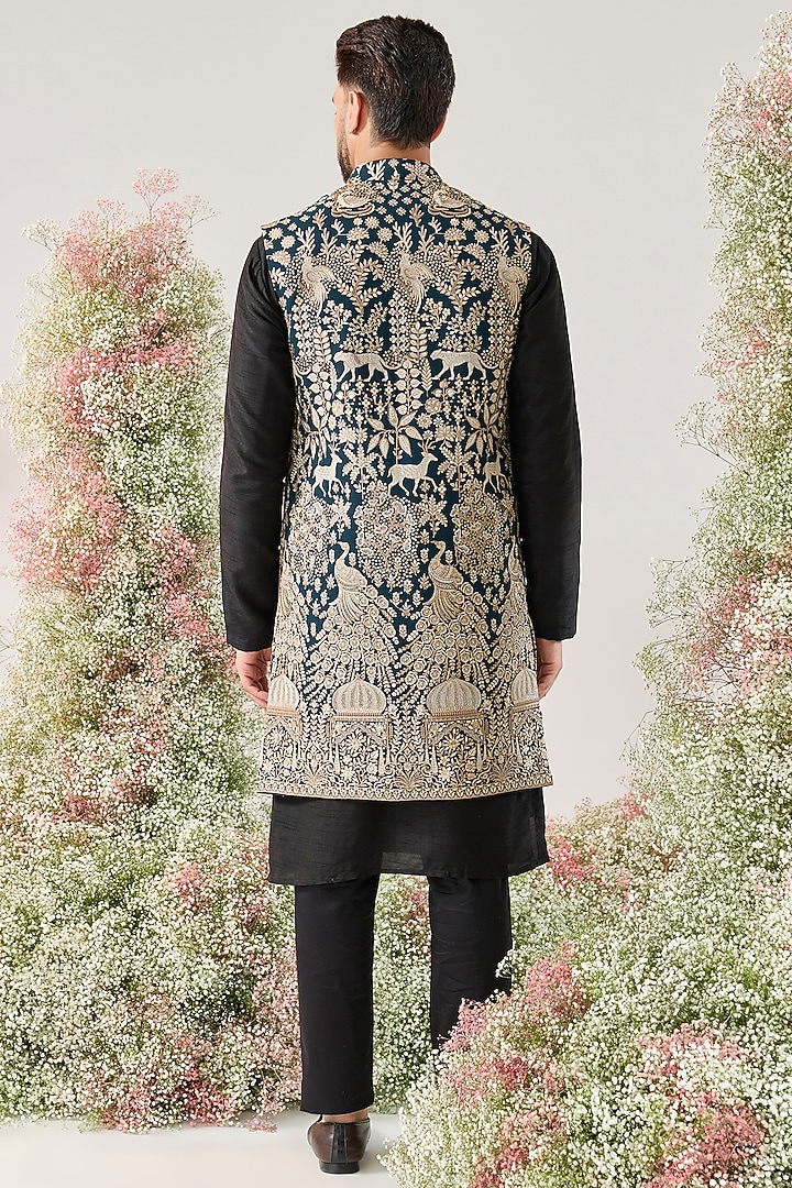 Teal Georgette Sequins Work Long Open Jacket by Kasbah Clothing at Pernia's Pop Up Shop