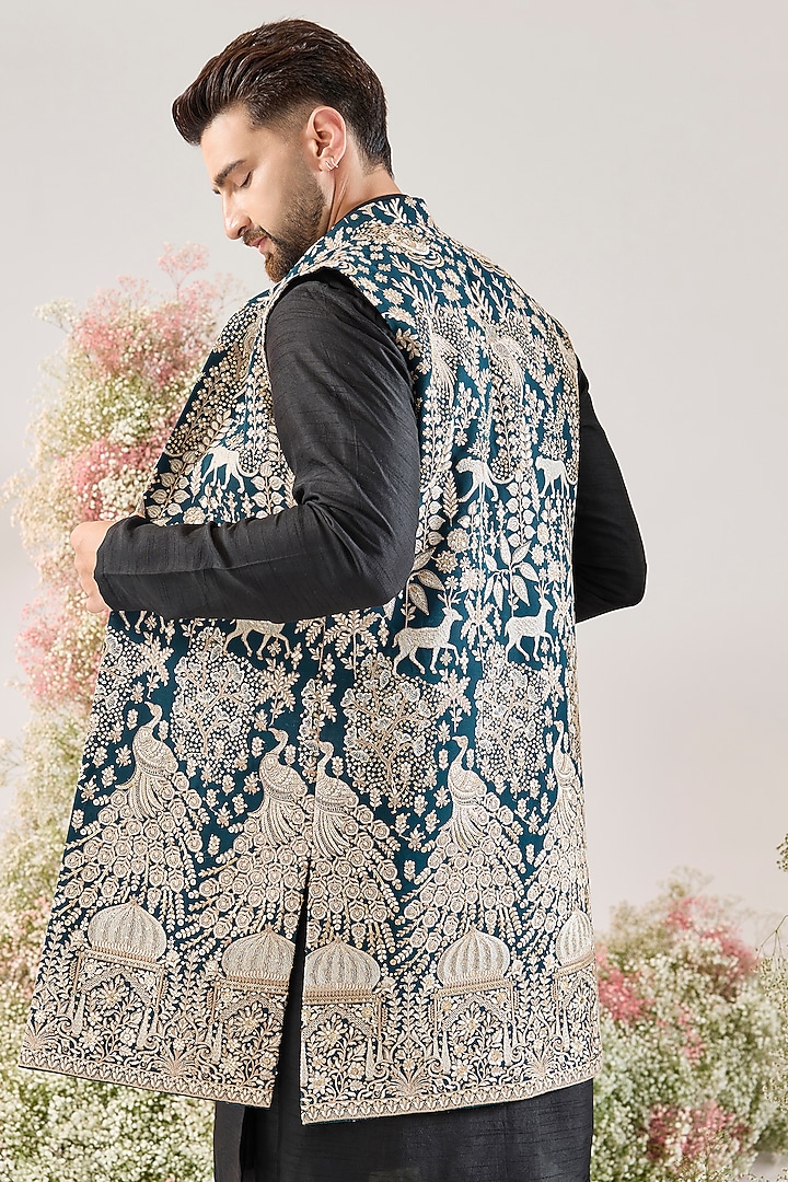 Teal Georgette Sequins Work Long Open Jacket by Kasbah Clothing at Pernia's Pop Up Shop
