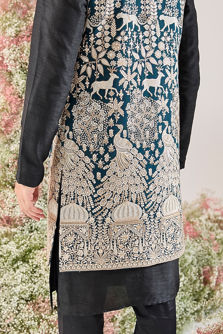 Teal Georgette Sequins Work Long Open Jacket by Kasbah Clothing at Pernia's Pop Up Shop