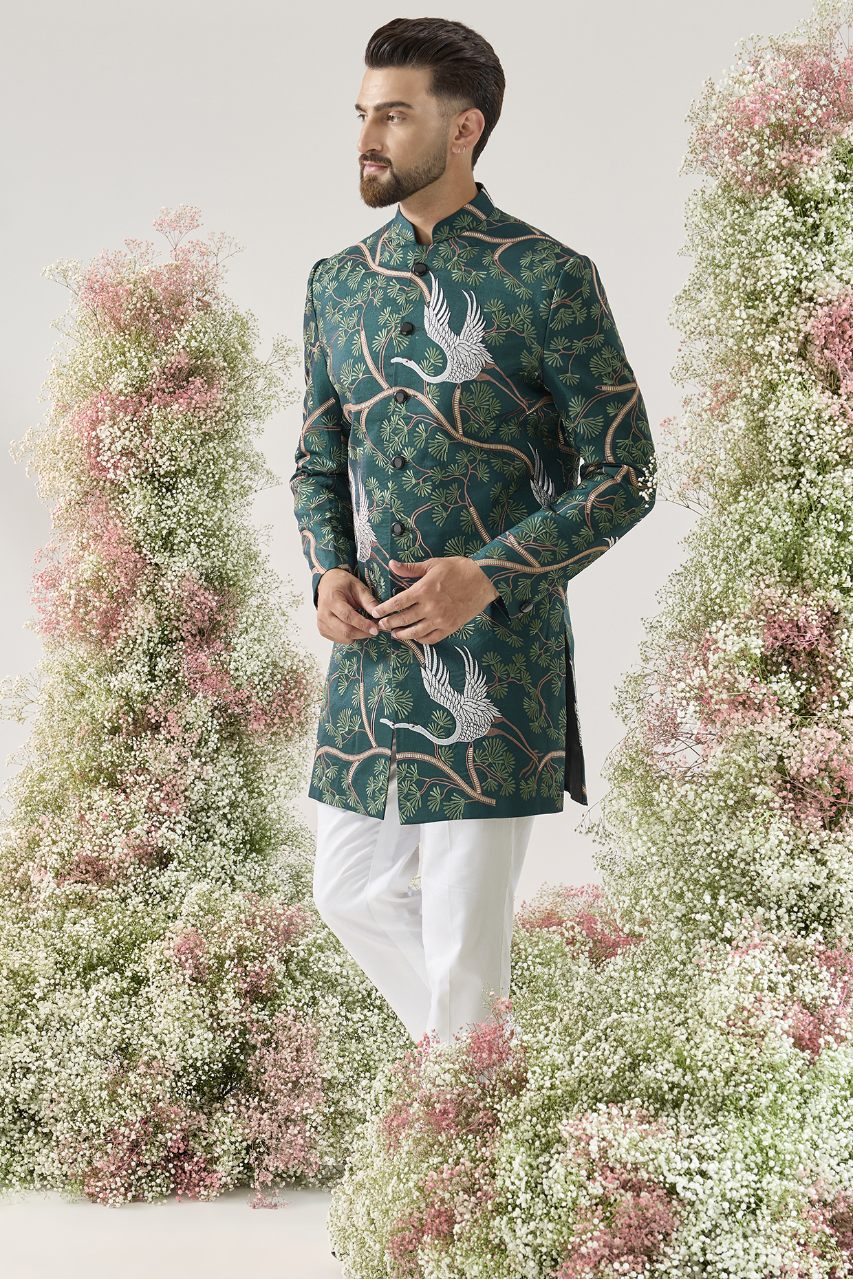 Teal Green Silk Short Indowestern by Kasbah Clothing