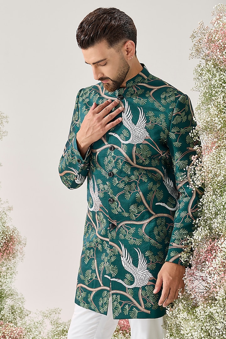 Teal Green Silk Short Wedding Indowestern by Kasbah Clothing at Pernia's Pop Up Shop