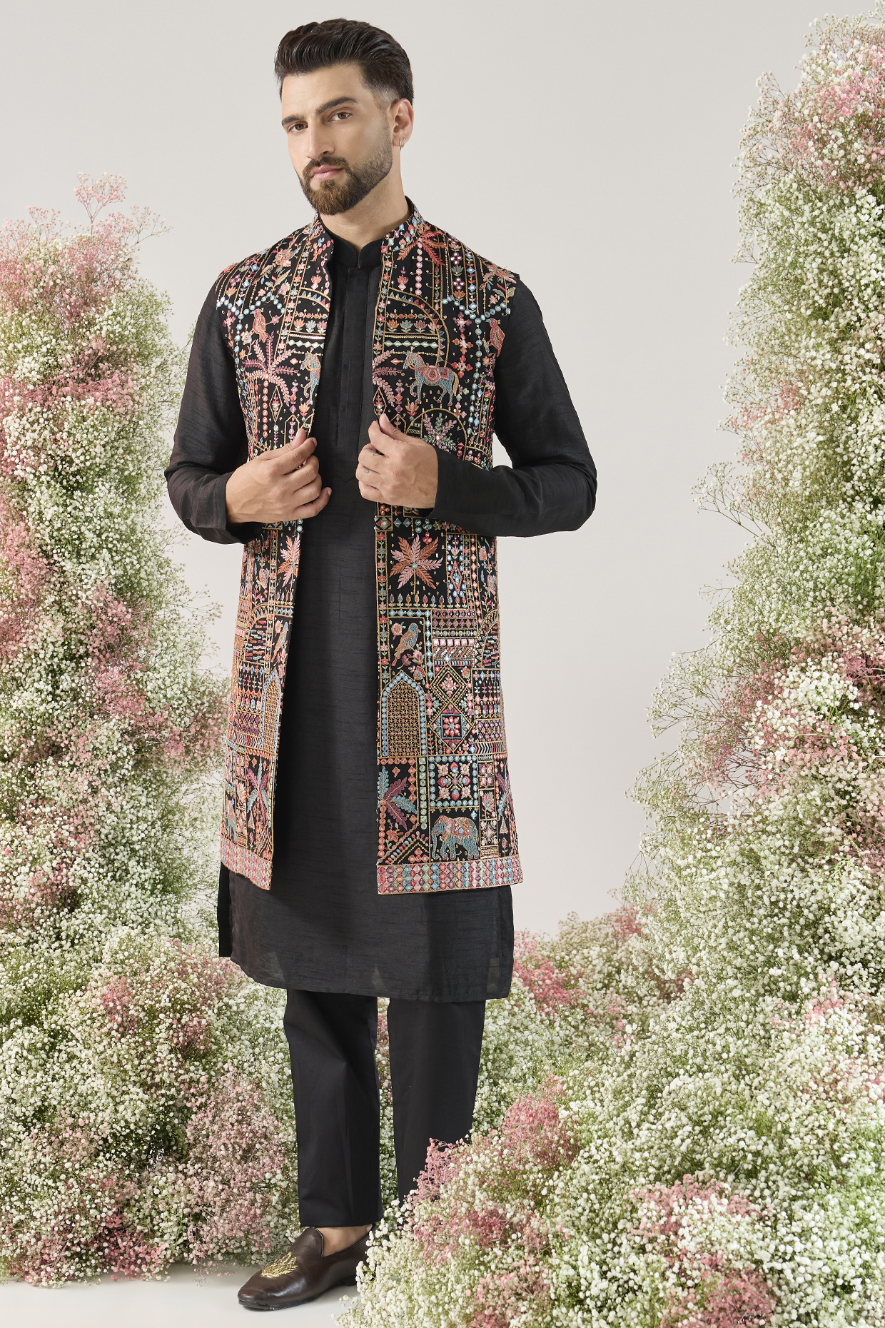 Multi-Colored Georgette Threadwork Long Open Jacket by Kasbah Clothing