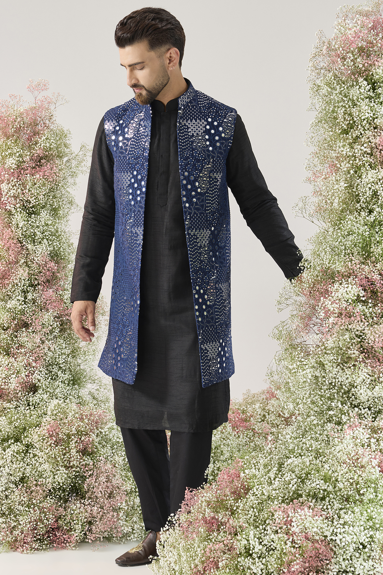 Navy Blue Silk Mirror Work Long Open Jacket by Kasbah Clothing