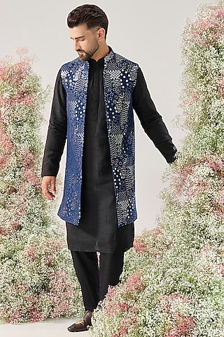 Navy Blue Silk Mirror Work Long Open Jacket by Kasbah Clothing