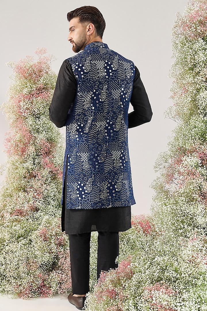 Navy Blue Silk Mirror Work Long Open Jacket by Kasbah Clothing at Pernia's Pop Up Shop
