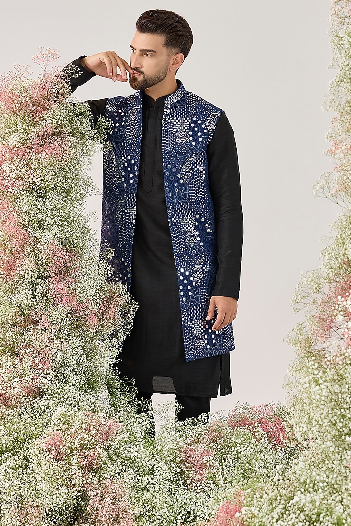 Navy Blue Silk Mirror Work Long Open Jacket by Kasbah Clothing at Pernia's Pop Up Shop