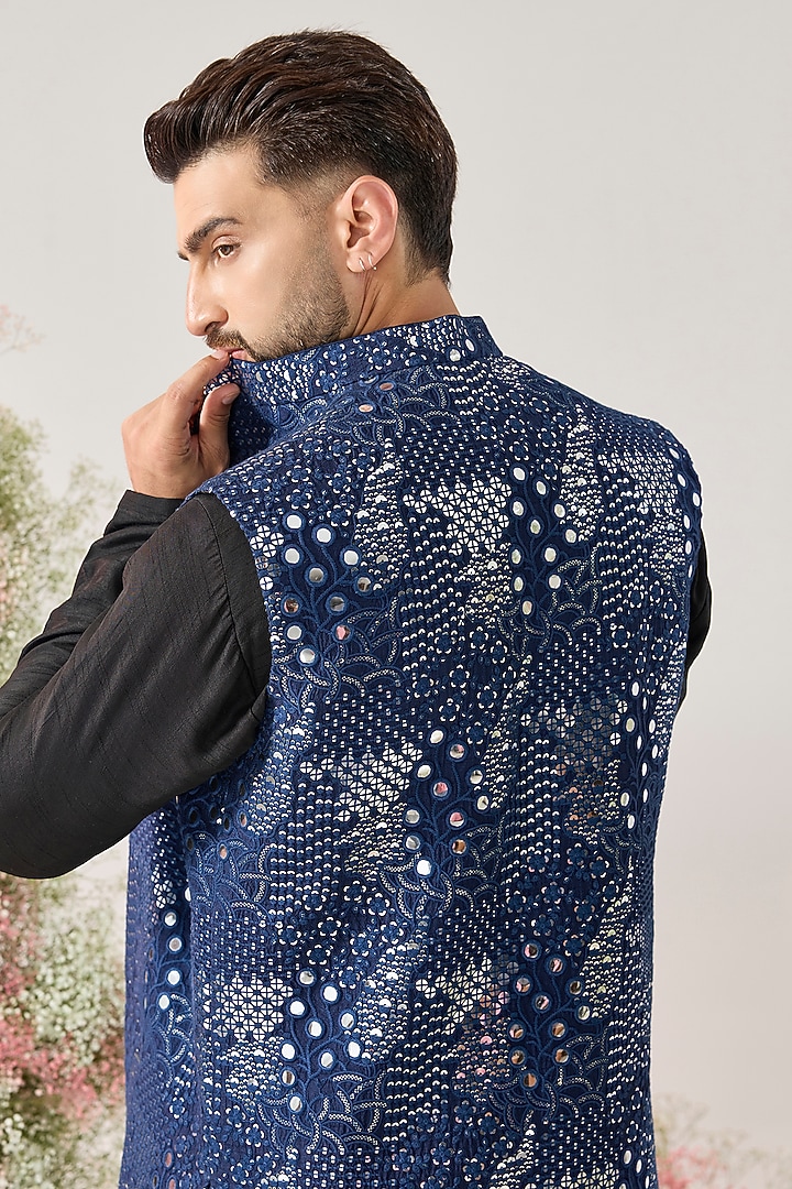 Navy Blue Silk Mirror Work Long Open Jacket by Kasbah Clothing at Pernia's Pop Up Shop
