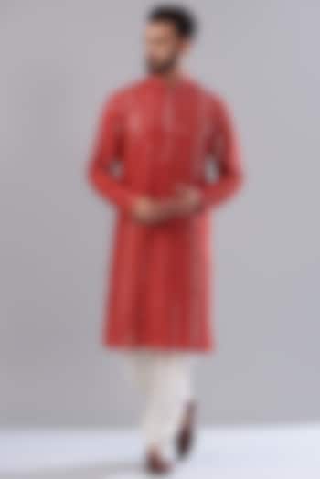 Red Silk Embroidered Kurta Set by Kasbah Clothing at Pernia's Pop Up Shop