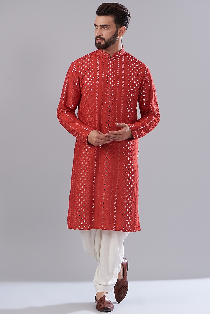Red Silk Embroidered Kurta Set by Kasbah Clothing at Pernia's Pop Up Shop