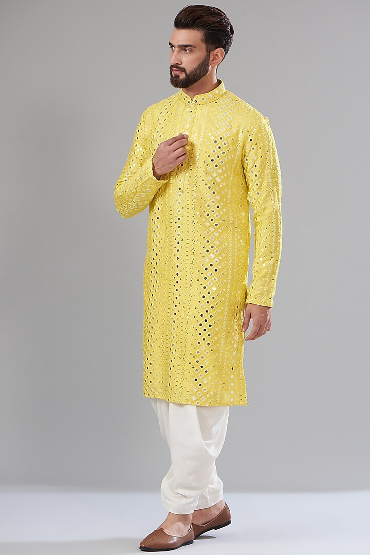 Yellow Silk Embroidered Kurta Set by Kasbah Clothing at Pernia's Pop Up Shop