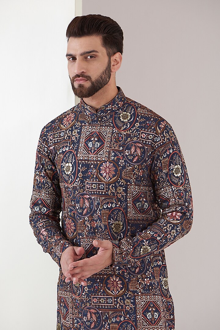 Navy Blue Georgette Embroidered Kurta Set by Kasbah Clothing at Pernia's Pop Up Shop