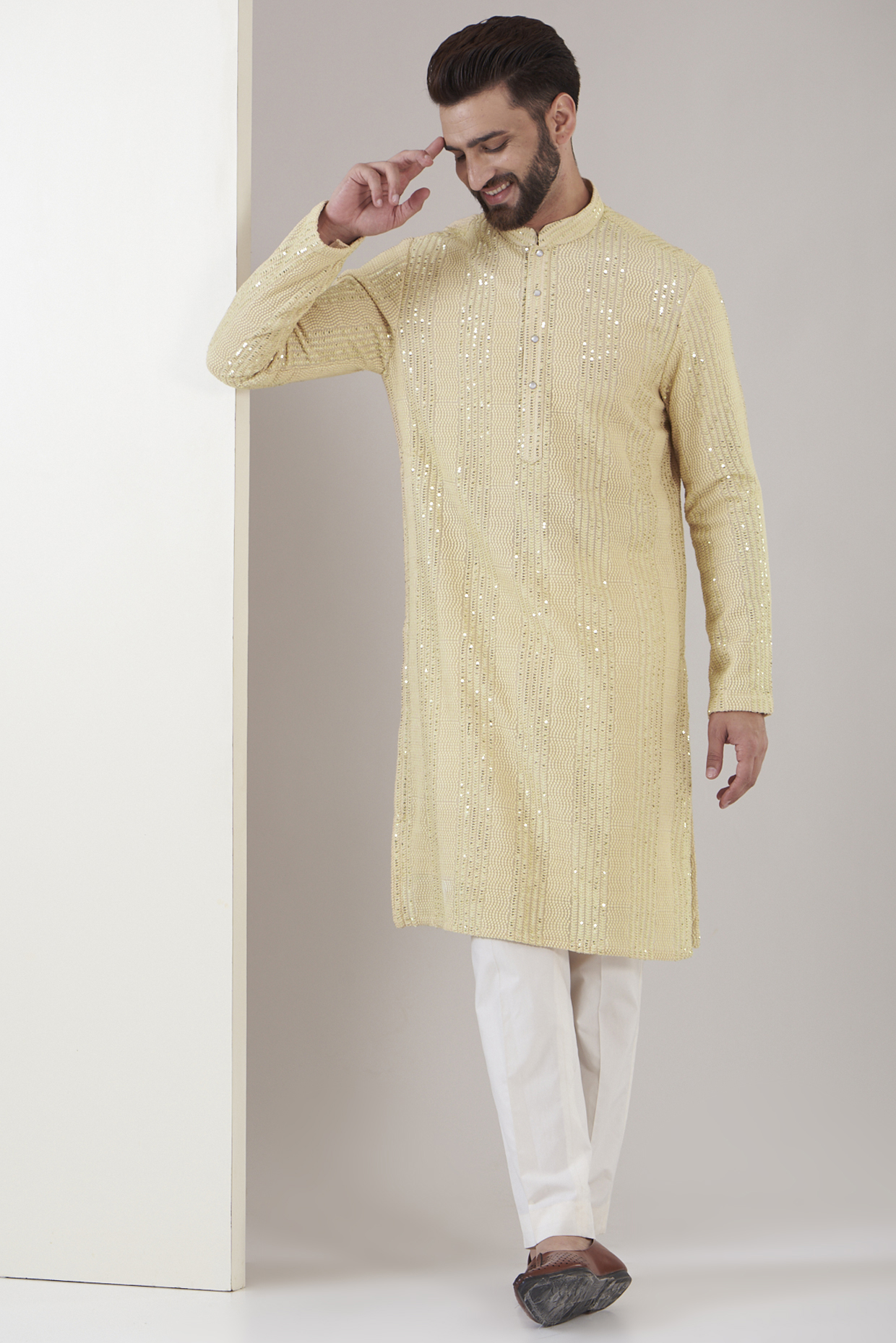 Creamish-Beige Georgette Embroidered Chikankari Kurta Set by Kasbah Clothing