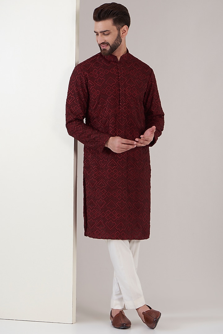 Maroon Silk Embroidered Chikankari Kurta Set by Kasbah Clothing at Pernia's Pop Up Shop