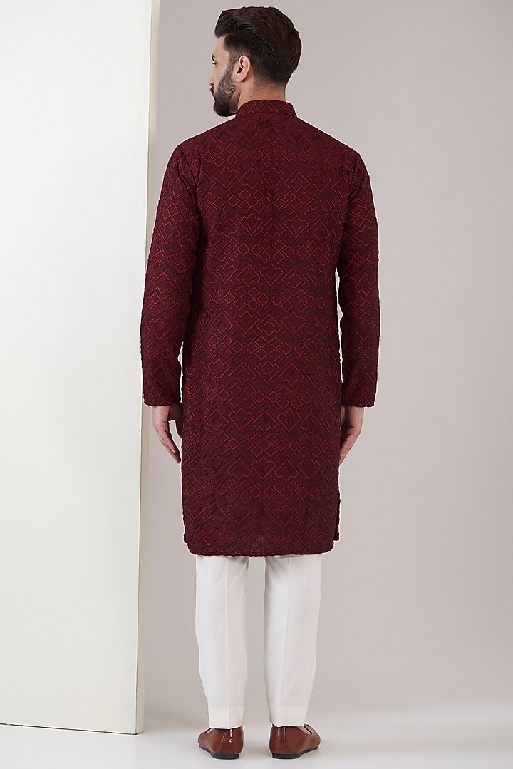 Maroon Silk Embroidered Chikankari Kurta Set by Kasbah Clothing at Pernia's Pop Up Shop