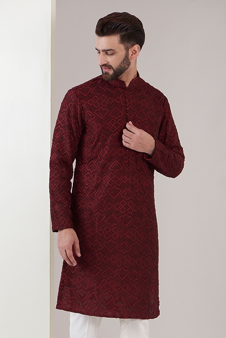 Maroon Silk Embroidered Chikankari Kurta Set by Kasbah Clothing at Pernia's Pop Up Shop