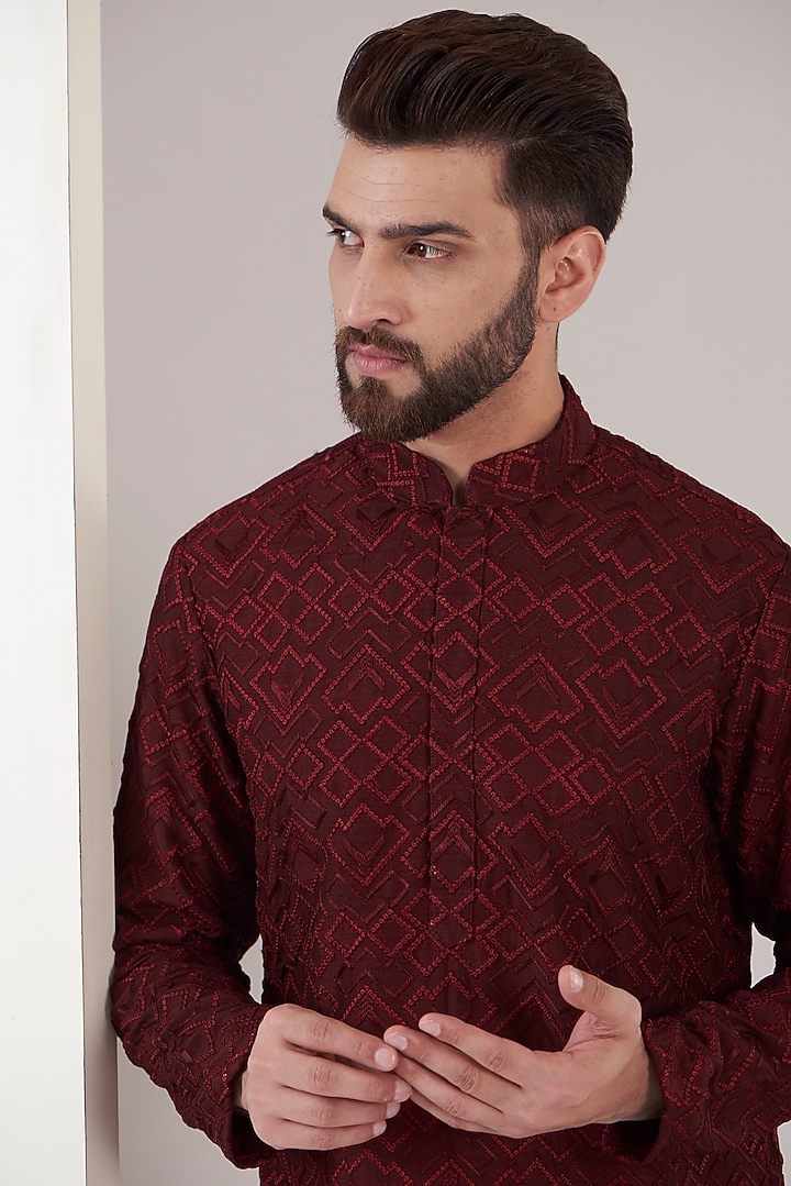 Maroon Silk Embroidered Chikankari Kurta Set by Kasbah Clothing at Pernia's Pop Up Shop