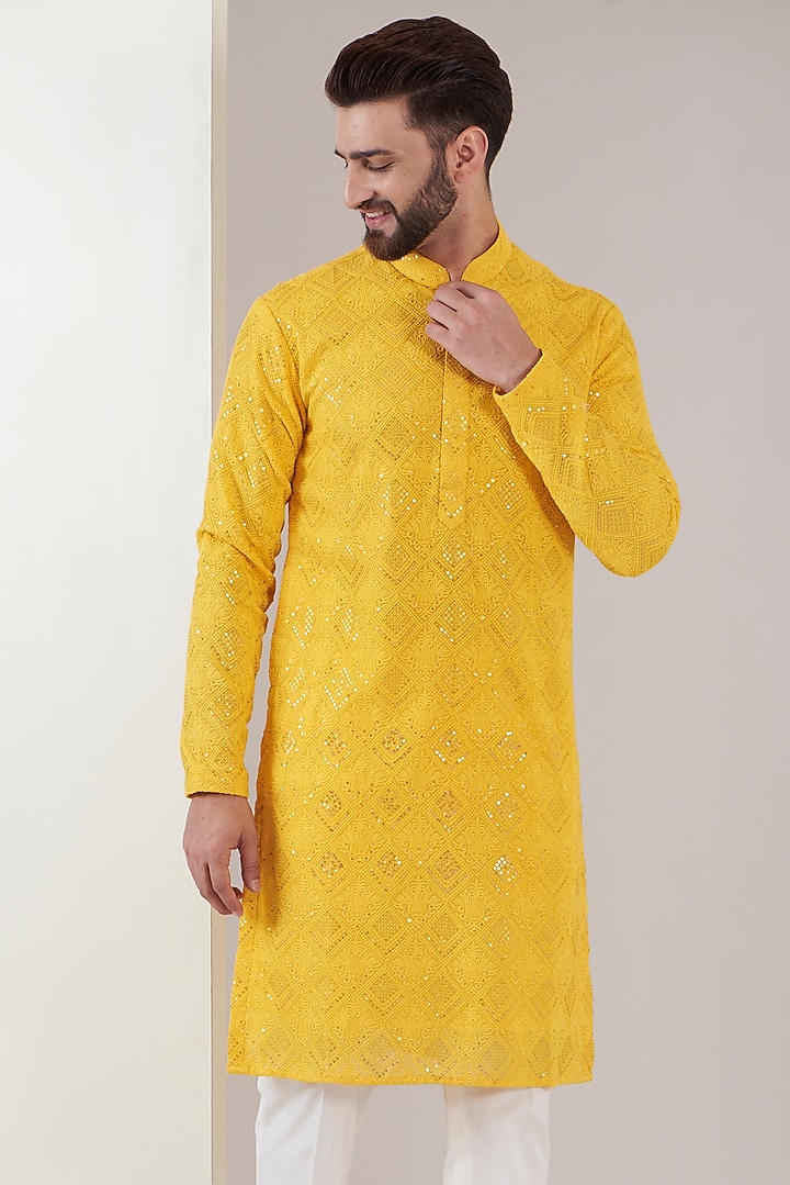 Mustard Yellow Georgette Embroidered Chikankari Kurta Set by Kasbah Clothing at Pernia's Pop Up Shop