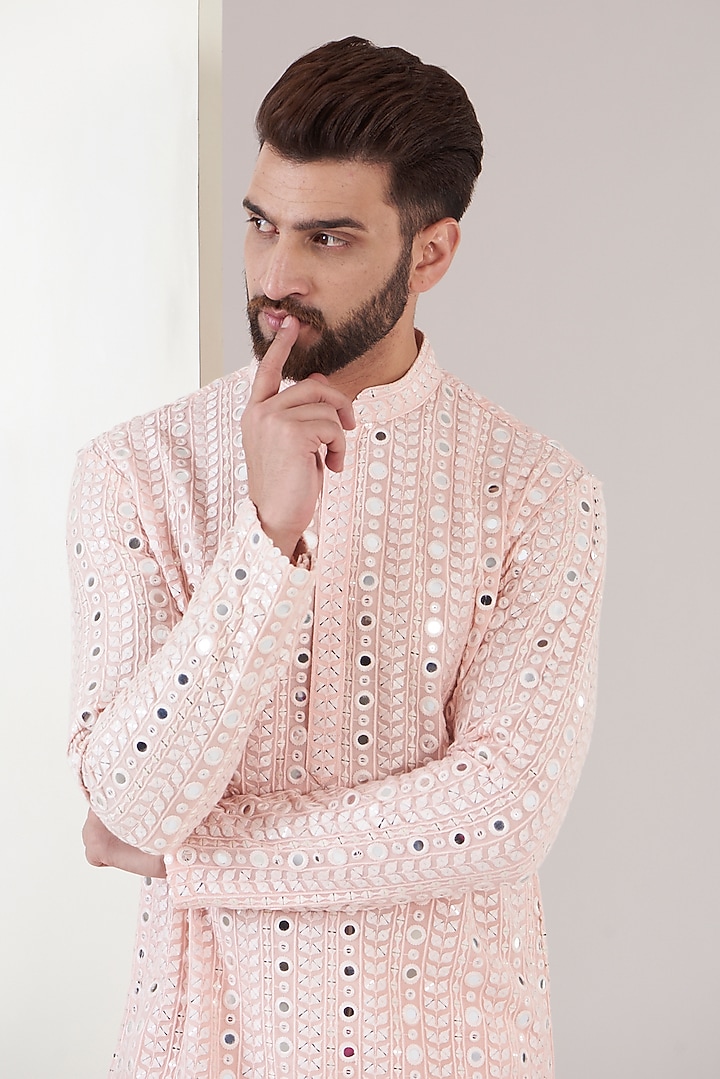 Powder Pink Georgette Embroidered Kurta Set by Kasbah Clothing at Pernia's Pop Up Shop