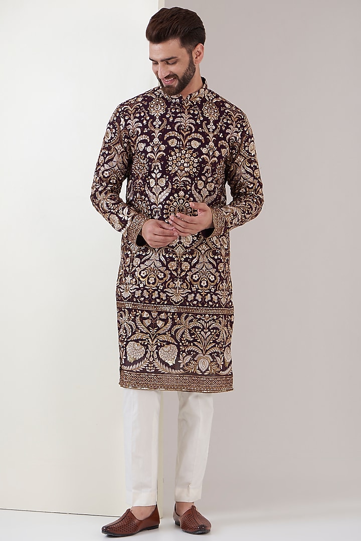 Wine Georgette Embroidered Kurta Set by Kasbah Clothing at Pernia's Pop Up Shop