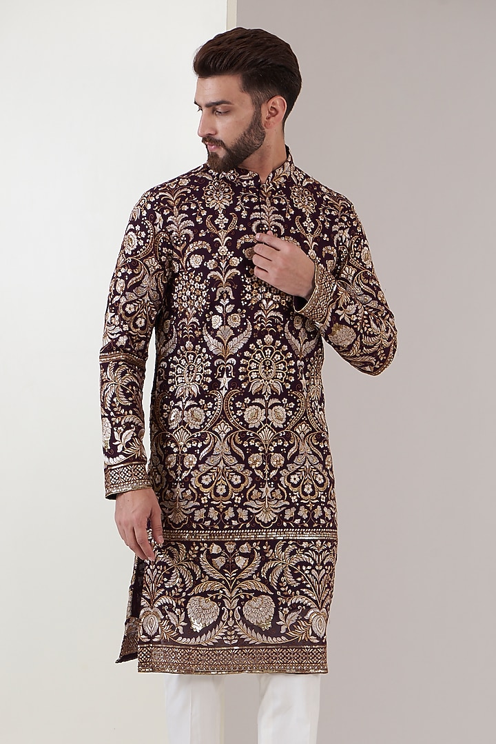 Wine Georgette Embroidered Kurta Set by Kasbah Clothing at Pernia's Pop Up Shop