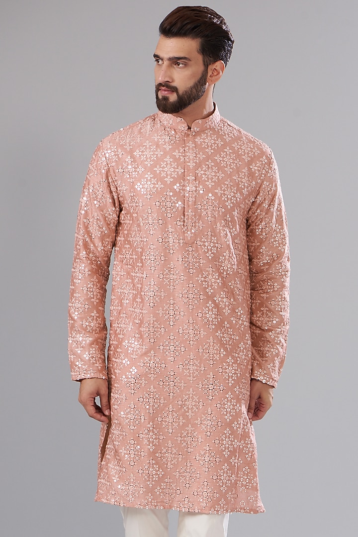Peach Silk Embroidered Kurta Set by Kasbah Clothing at Pernia's Pop Up Shop