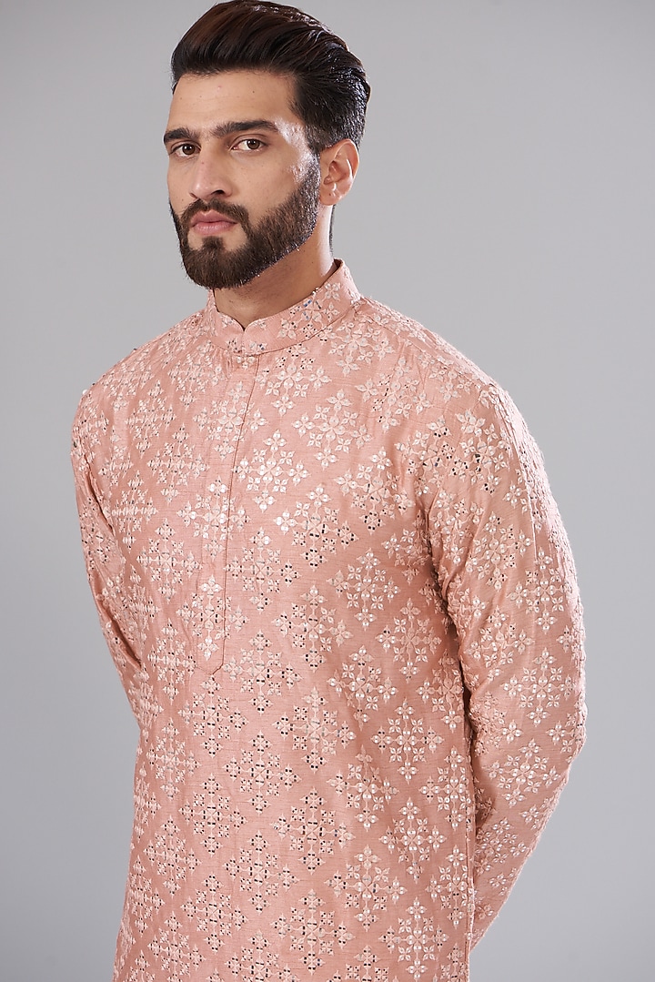 Peach Silk Embroidered Kurta Set by Kasbah Clothing at Pernia's Pop Up Shop