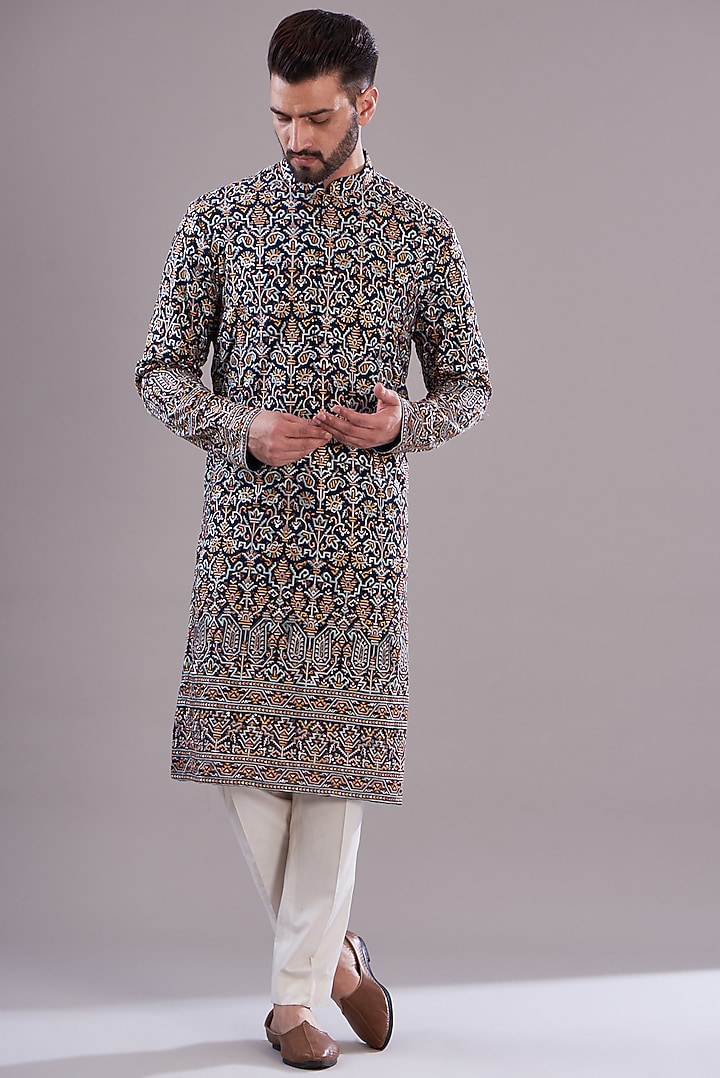Navy Blue Georgette Embroidered Kurta Set by Kasbah Clothing at Pernia's Pop Up Shop