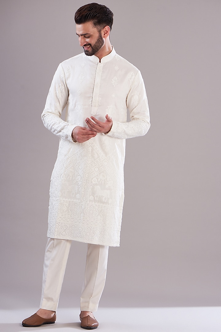 White Silk Embroidered Kurta Set by Kasbah Clothing at Pernia's Pop Up Shop