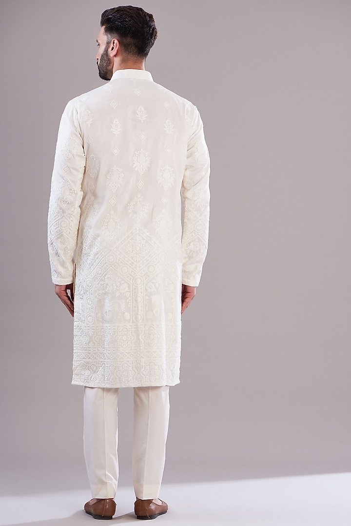 White Silk Embroidered Kurta Set by Kasbah Clothing at Pernia's Pop Up Shop