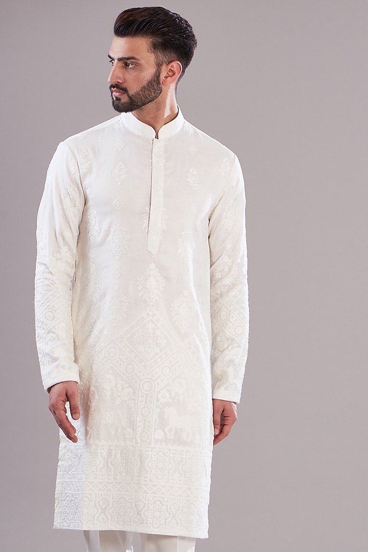 White Silk Embroidered Kurta Set by Kasbah Clothing at Pernia's Pop Up Shop