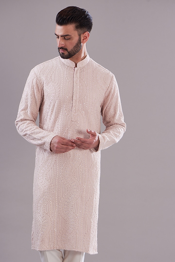 Powder Pink Silk Embroidered Kurta Set by Kasbah Clothing at Pernia's Pop Up Shop