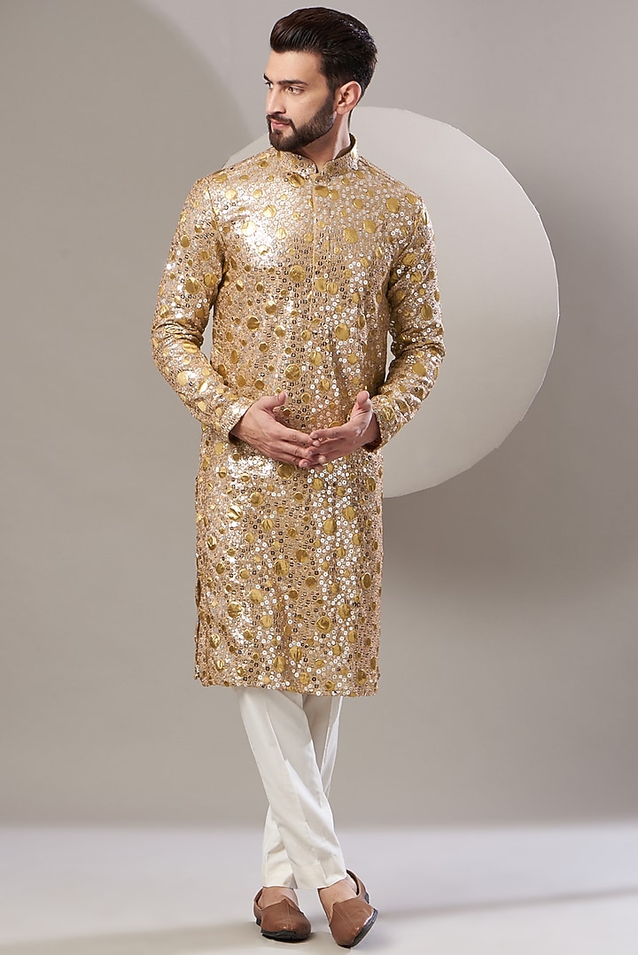 Gold Georgette Embroidered Kurta Set by Kasbah Clothing at Pernia's Pop Up Shop