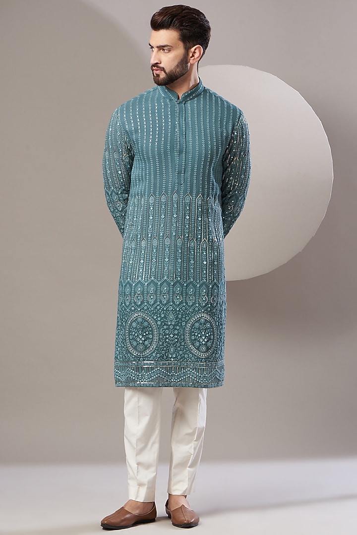 Blue Georgette Embroidered Kurta Set by Kasbah Clothing at Pernia's Pop Up Shop