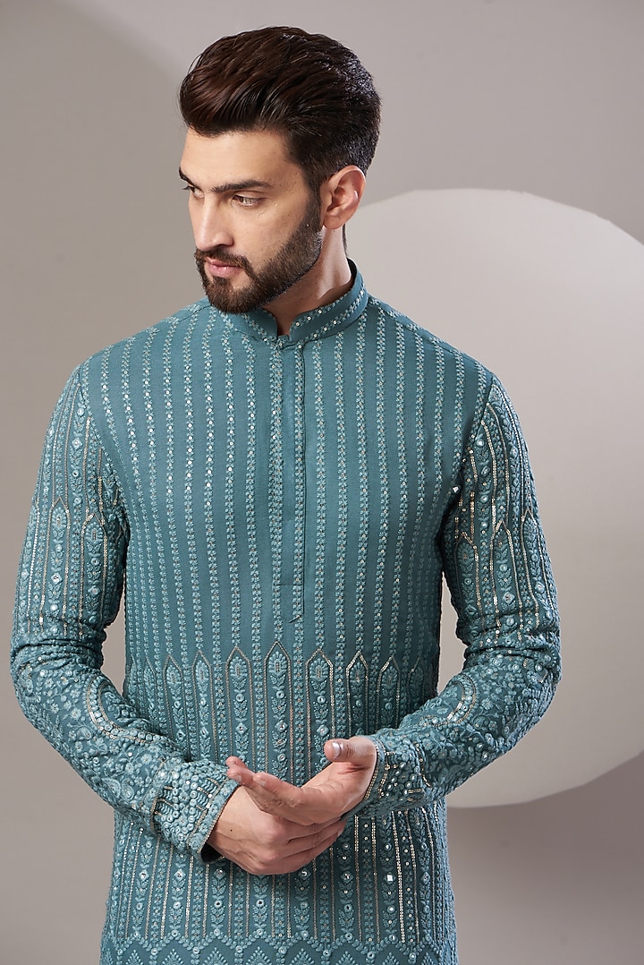 Blue Georgette Embroidered Kurta Set by Kasbah Clothing at Pernia's Pop Up Shop