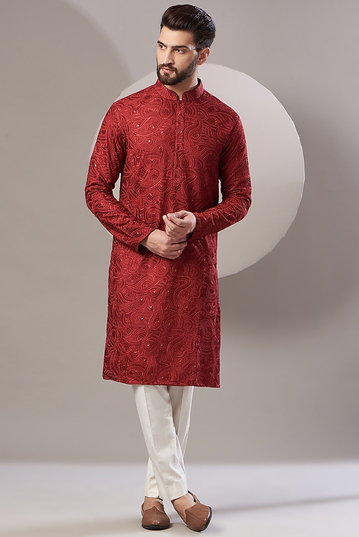 Maroon Silk Embroidered Kurta Set by Kasbah Clothing at Pernia's Pop Up Shop