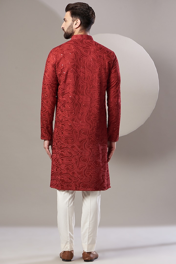 Maroon Silk Embroidered Kurta Set by Kasbah Clothing at Pernia's Pop Up Shop