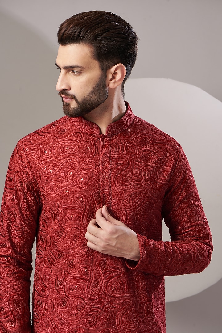Maroon Silk Embroidered Kurta Set by Kasbah Clothing at Pernia's Pop Up Shop