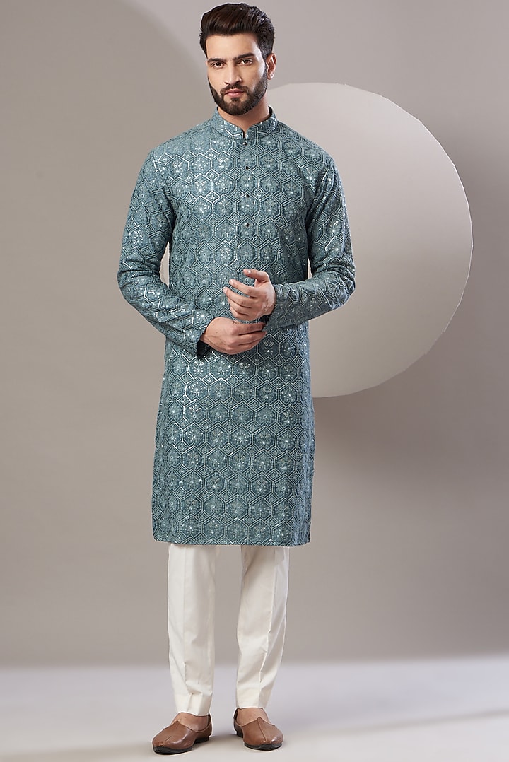 Teal Blue Silk Embroidered Kurta Set by Kasbah Clothing at Pernia's Pop Up Shop