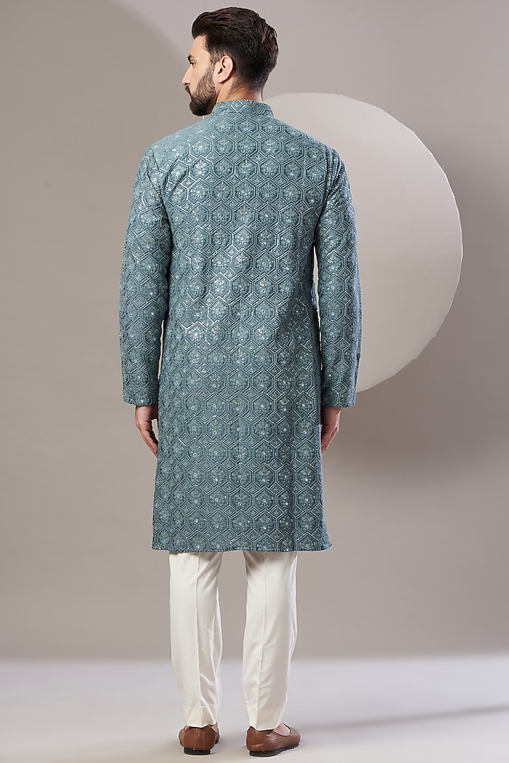 Teal Blue Silk Embroidered Kurta Set by Kasbah Clothing at Pernia's Pop Up Shop