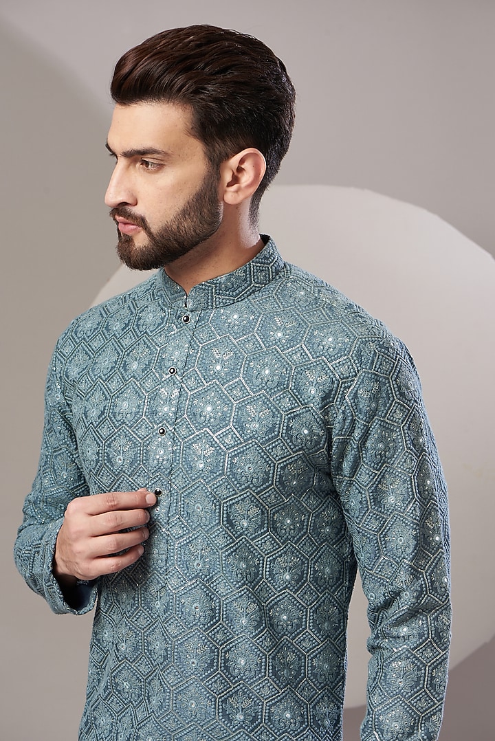 Teal Blue Silk Embroidered Kurta Set by Kasbah Clothing at Pernia's Pop Up Shop