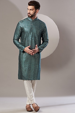 Teal Silk Embroidered Kurta Set by Kasbah Clothing