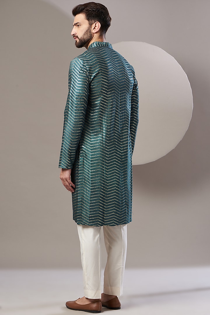 Teal Silk Embroidered Kurta Set by Kasbah Clothing at Pernia's Pop Up Shop