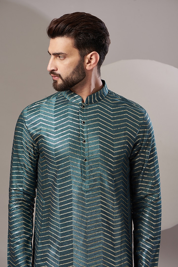 Teal Silk Embroidered Kurta Set by Kasbah Clothing at Pernia's Pop Up Shop
