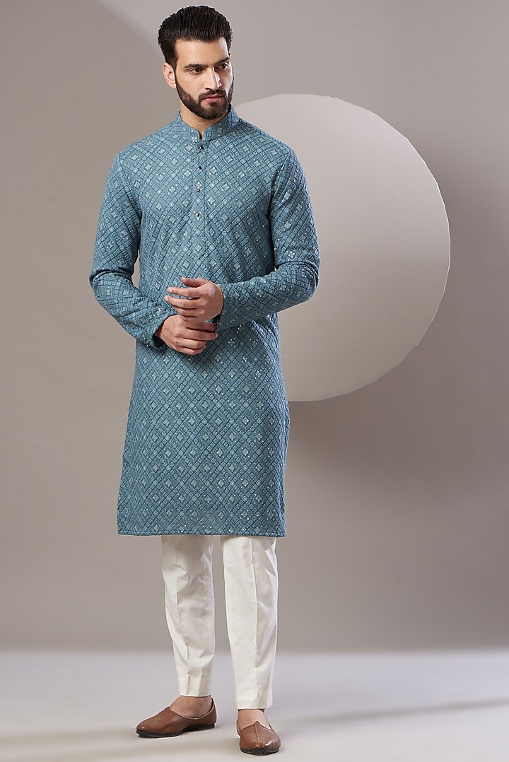 Teal Blue Georgette Embroidered Kurta Set by Kasbah Clothing at Pernia's Pop Up Shop