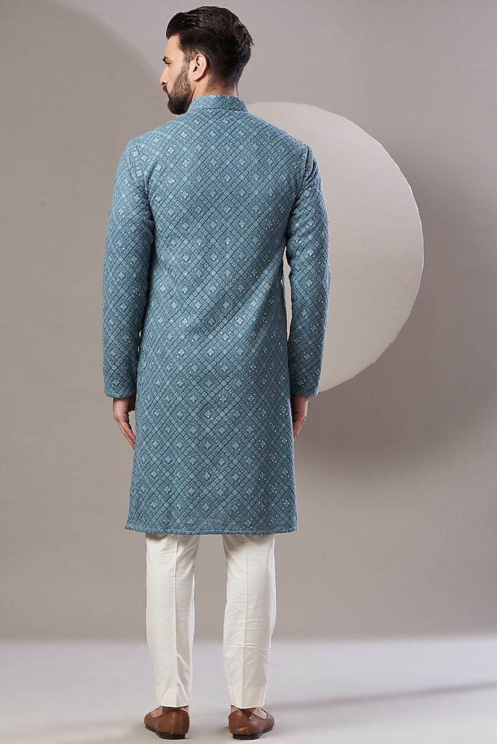 Teal Blue Georgette Embroidered Kurta Set by Kasbah Clothing at Pernia's Pop Up Shop